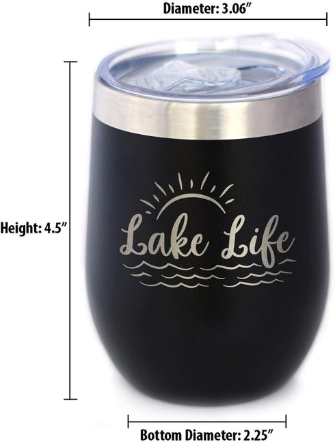 Lake Life Wine Tumbler with Sliding Lid, Stemless Stainless Steel Insulated Cup for Outdoor Camping, Black.
