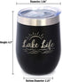 Lake Life Wine Tumbler with Sliding Lid, Stemless Stainless Steel Insulated Cup for Outdoor Camping, Black.