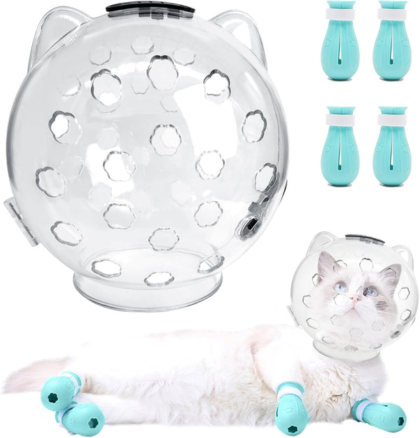 Fhiny Cat Muzzle - Transparent Helmet with 4 Boots - Adjustable Breathable Kitty Hood Anti Bite Bubble Mask for Cats
