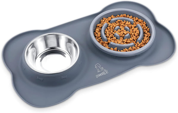 Pecute Slow Feeder Dog Bowls, Non-Spill Silicone Mat, Food-Grade Safe Bowls, Stainless Steel Water Bowl