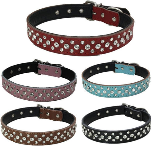Dogs Kingdom Genuine Leather Padded Rhinestone Dog Collar, 14.5"-20" Length, Customized Crystal, Black, M