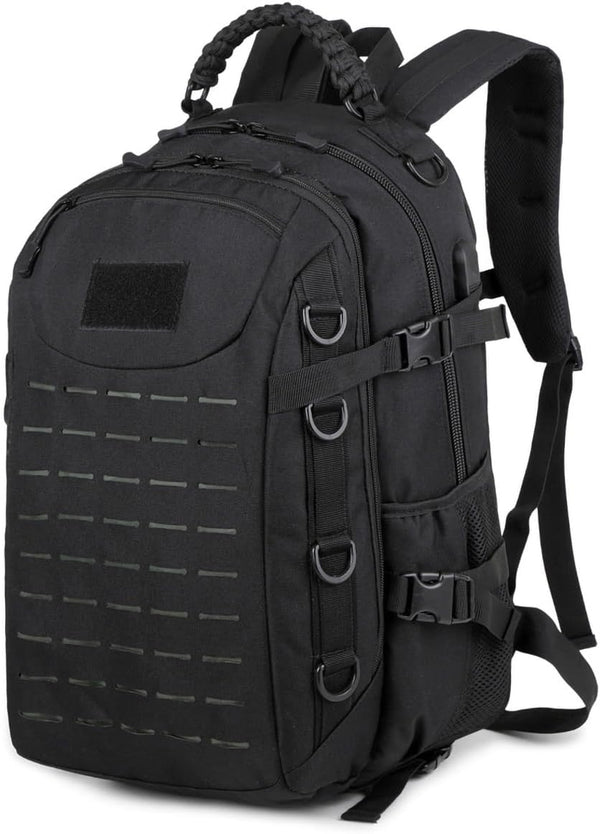Heavy Duty Zipper Military Backpack, Outdoor Tactical Nylon Canvas Backpack for Hiking, Camping, Travel (Black)