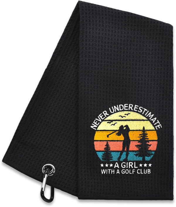 Hafhue Never Underestimate Embroidered Golf Towel - Gift for Women Golf Fans, Retirement Birthday