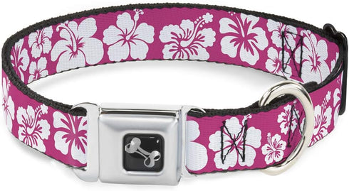 Buckle-Down Hibiscus Dog Collar Bone, Neon Pink/White, 1" Wide - Fits 9-15" Neck - Small