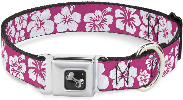 Buckle-Down Hibiscus Dog Collar Bone, Neon Pink/White, 1" Wide - Fits 9-15" Neck - Small