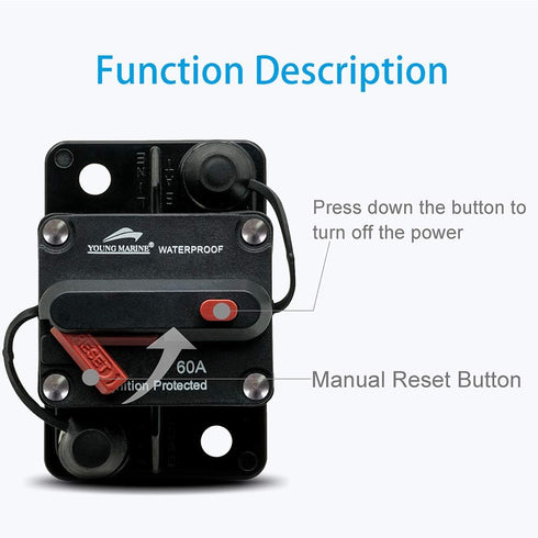 Young Marine Circuit Breaker for Boat Trolling with Manual Reset, Waterproof, 12V-48V DC
