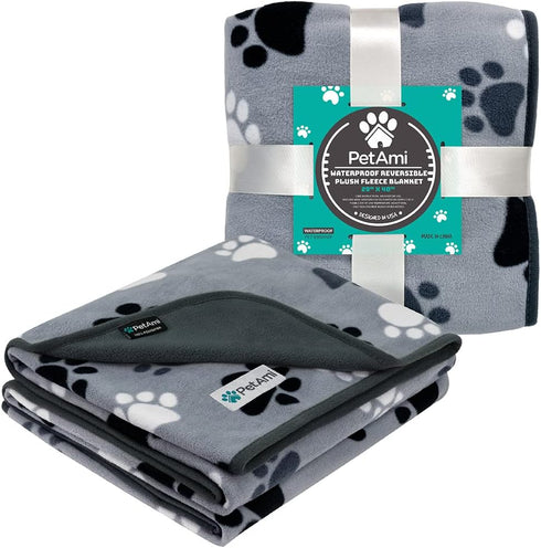 PetAmi Waterproof Dog Blanket - Medium Large Dog Couch Cover, Fleece Washable Throw, 40x60 Paw Print Gray