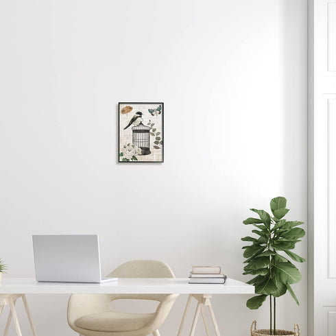 Stupell Industries Framed Wall Art, Vintage Bird Cage Butterfly Floral Script Words, Design By Nan