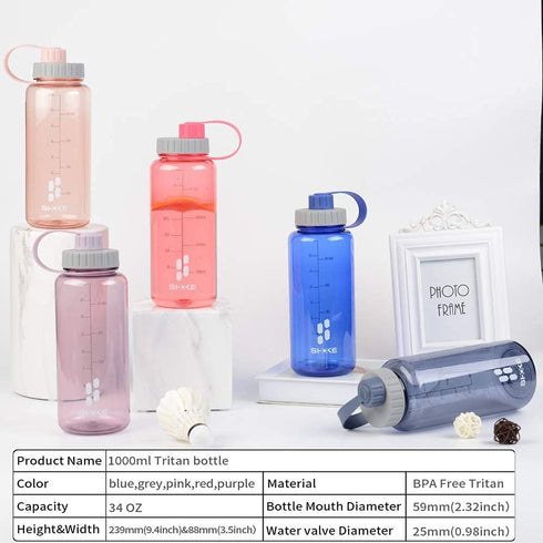 SHOKE 1 Liter Water Bottle 32oz BPA Free Non-Toxic Tritan Leakproof Sports Bottle with Handle