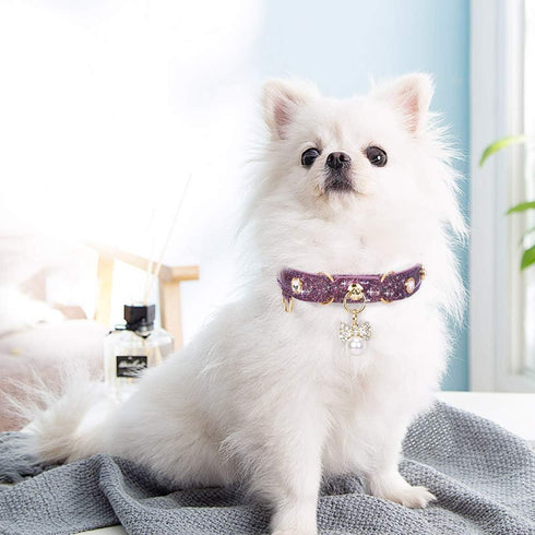PetsHome Cat Collar, Dog Collar, Bling Rhinestones PU Leather Adjustable Pet Collar for Big Cat and Small Dog