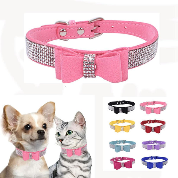 Rhinestone Dog Collar for Small Dogs, Adjustable Diamond Pet Collar with Bow, Bling Crystal for XXS XS Small Medium