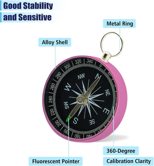 Rovella 2 Pocket Compass, Pieces Mini Compass with Key Ring, Suitable for Hiking Survival, Mountaineering Camping