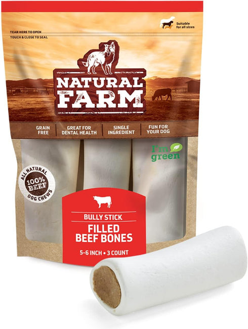Natural Farm Filled Dog Bones, Bully Stick Flavor, 5-6 Inch, 3 Pack, Limited Ingredient Stuffed Dental Treats
