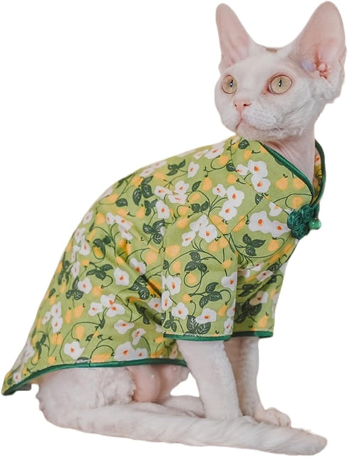 Traditional Culture Sphynx Hairless Cat Cotton T-Shirts, Pet Sweater Vest for Cats & Small Dogs (White Petunia Chi-Pao,