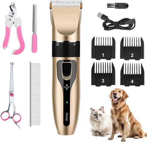 Dog Grooming Kit, Low Noise Professional Clippers, Rechargeable Cordless Pet Hair Trimmer Tools for Dogs & Cats