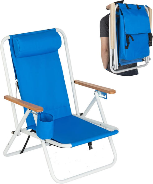 Outvita Folding Beach Chair Adjustable Headrest w/4 Flexible Tilt Angle, Cup Holder