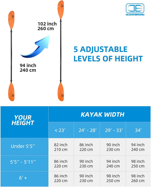 OCEANBROAD Adjustable Fishing Kayak Paddle, 94in/240cm-102in/260cm Aluminum Alloy Shaft with Paddle Leash