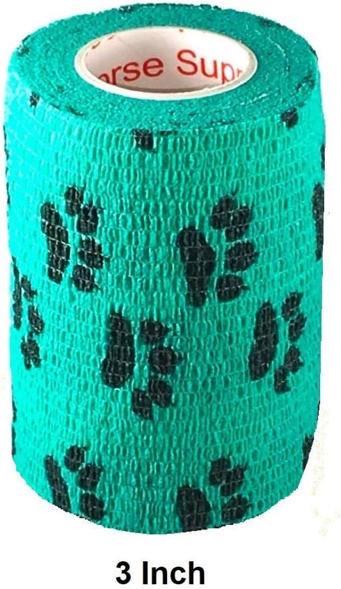 Vet Wrap Teal with Paws Tape, 2 Pack, 4 Inch x 15 feet Self Adhesive Cohesive Bandage for Pets