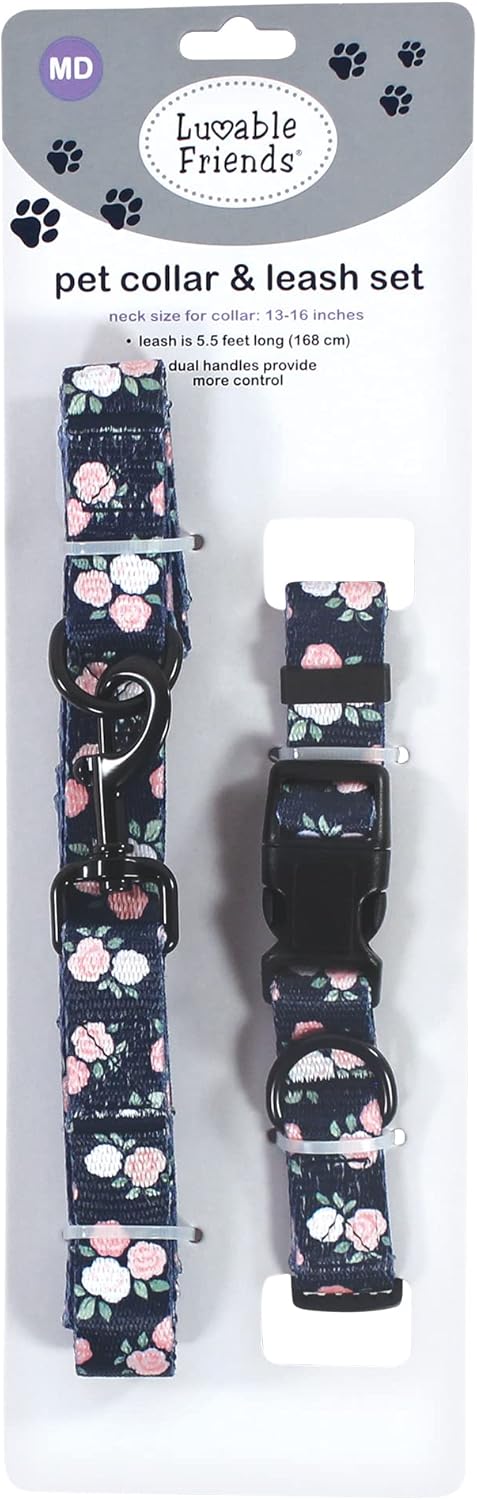 Luvable Friends Unisex Pet Collar and Leash Set, Floral, Medium