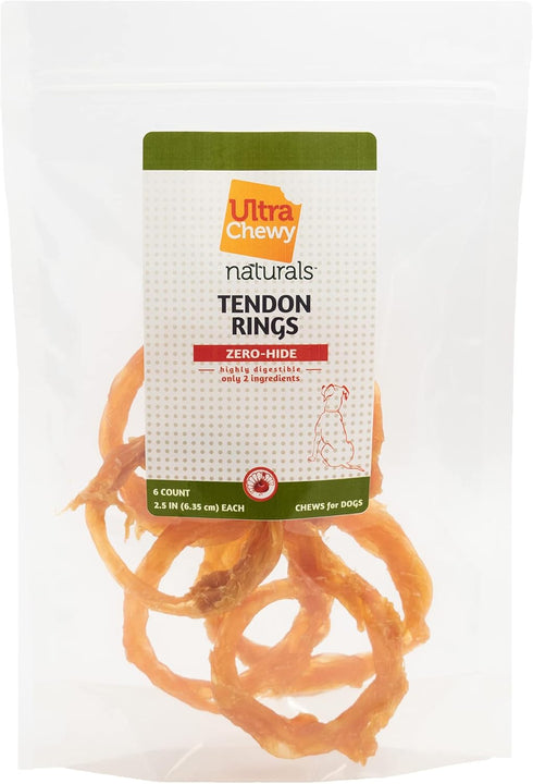 Ultra Chewy Turkey Tendon Rings for Dogs - 6 Pack, Premium All-Natural Tendons, Hypoallergenic, Easy to Digest