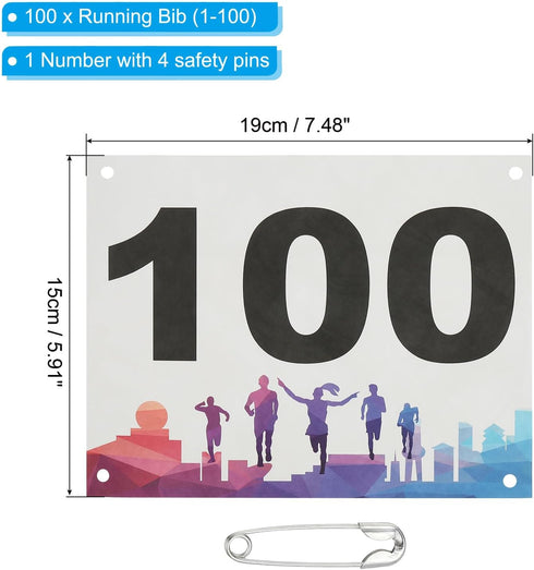 (Pack 100) Durable Waterproof Running Bib Numbers for Marathon Events - Multicolor