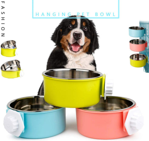 Large Crate Dog Bowl, Removable Stainless Steel Hanging Pet Bowl for Dogs, Cats, Puppies (Pink Orange)