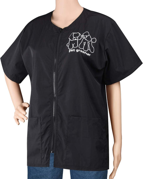 Noverlife Short Sleeves Pet Grooming Work Clothes, Full Zipper, 3XL Size, Splash Proof Anti-Static Smock for Groomers