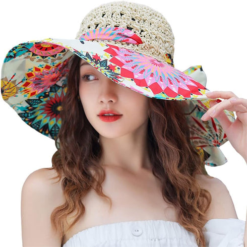 Summer Wide Brim Beach Hats for Women, Anti-UV Flower Floppy Foldable Roll Up Cap
