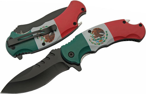 SZCO Supplies 8.5" Mexican Flag Assisted Open Folding Knife with Pocket Clip, Red, White & Green