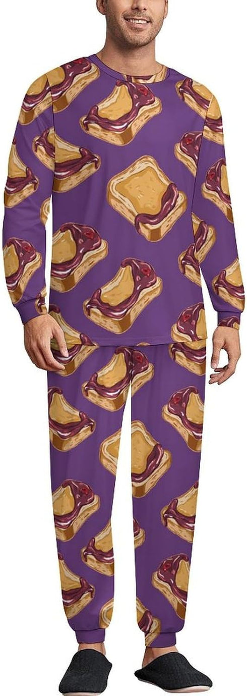 Generic Peanut Butter Jelly Breakfast Men's Pajamas Set Long Sleeve Sleepwear Crew Neck