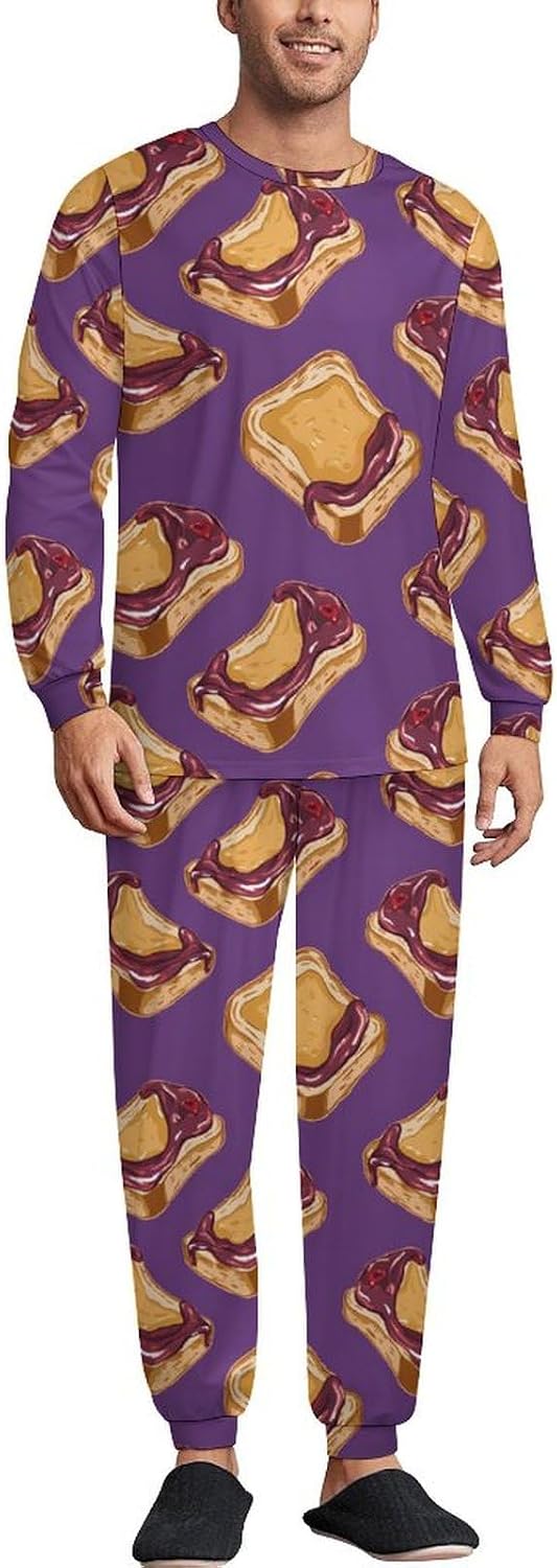 Generic Peanut Butter Jelly Breakfast Men's Pajamas Set Long Sleeve Sleepwear Crew Neck