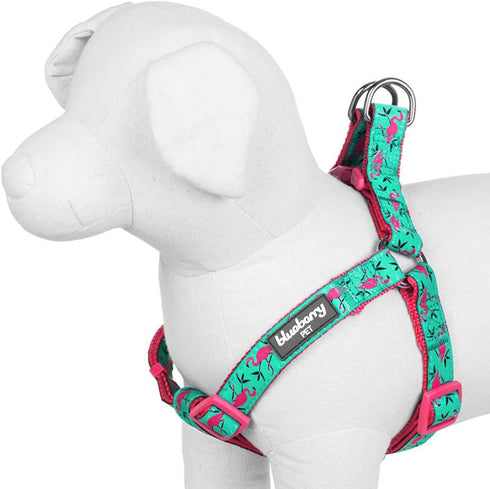 Blueberry Pet Essentials Step-in Dog Harness, Pink Flamingo on Light Emerald, Chest Girth 26" - 39", Large