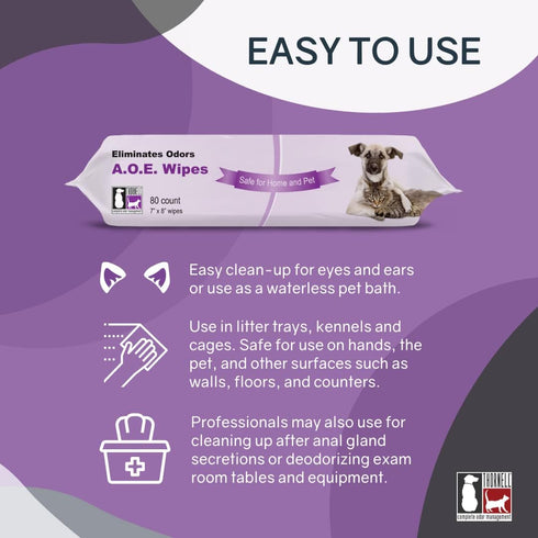 Thornell Animal Odor Eliminator Cat and Dog Wipes, 80 Wipes, All Purpose Deodorizing Pet Wipes