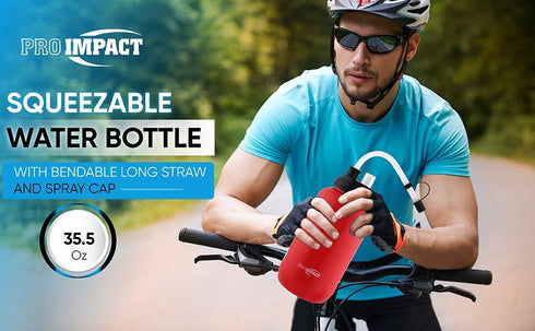 Pro Impact Squeezable Water Bottle - 35.5 Oz with Bendable Long Straw and Spray Cap