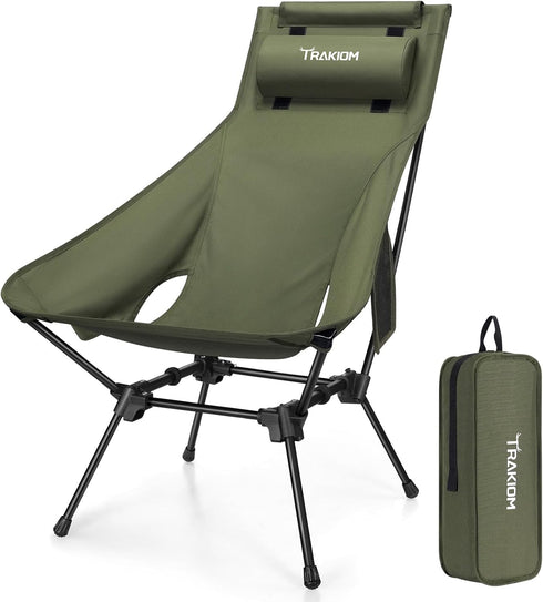 Trakiom High Back Portable Compact Camping Chair, Lightweight Green Folding Chair with
