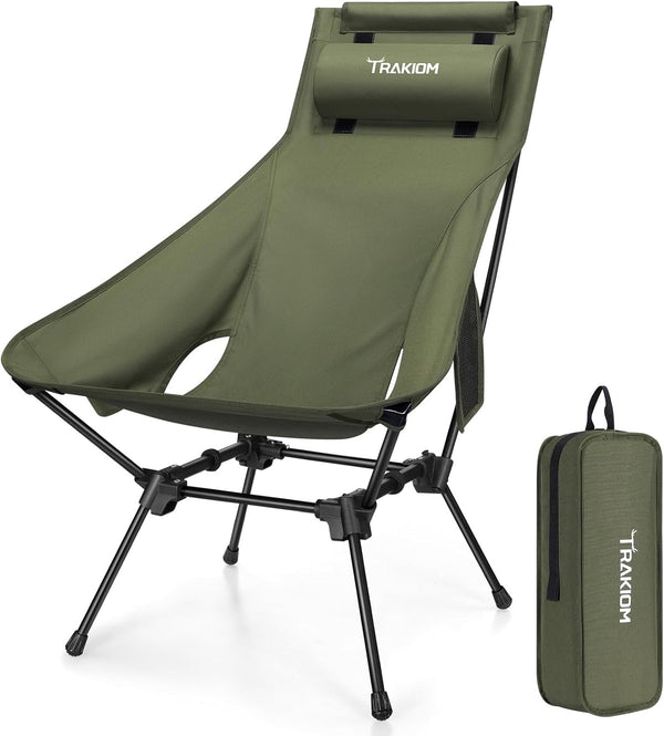 Trakiom High Back Portable Compact Camping Chair, Lightweight Green Folding Chair with