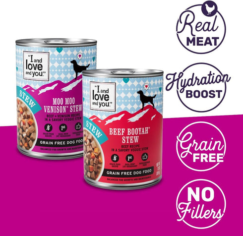 I AND LOVE AND YOU Wet Dog Food - Double Dog Deer Moo Variety Pack - Beef + Venison, Grain Free, Filler Free 13oz can, 6pk