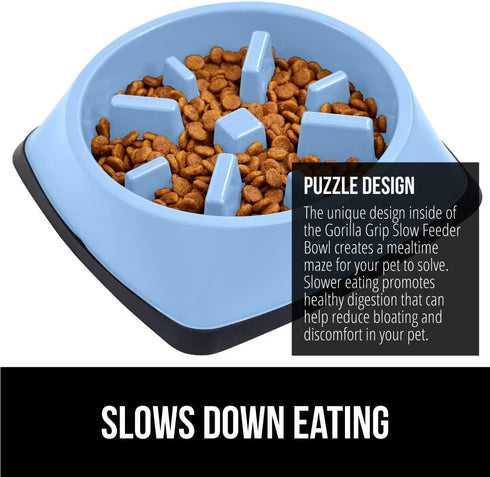 Gorilla Grip Slow Feeder Dog and Cat Bowls, Interactive Puzzle Toy for Food Training, Light Blue