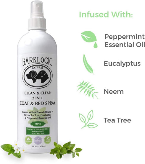 2in1 Dog/Puppy Coat & Bed Spray, Sensitive Skin, Essential Oils, Refreshing Scent, 16 oz - Mint