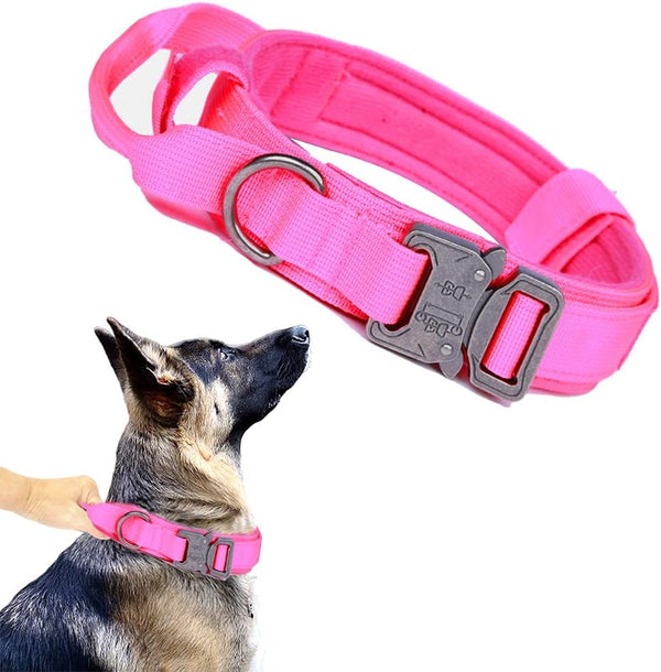 Tactical Dog Collar, Adjustable Military Nylon Collar with Heavy Duty Metal Buckle and Handle for Dog Training (Pink,