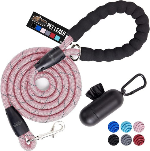 Gorilla Grip Heavy Duty Dog Leash - Soft Handle, Strong Reflective Rope for Night Walking, Pink
