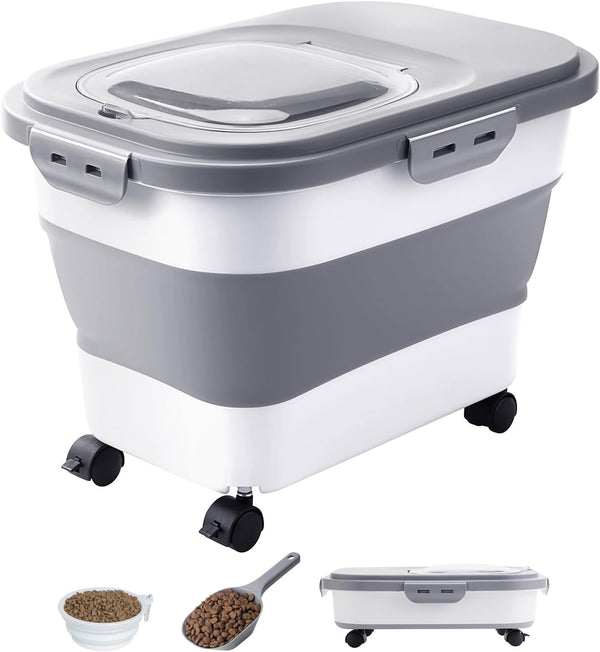 20-23Lbs Collapsible Dog Food Storage Container with Casters and Scoop, Travel Silicone Bowl - Keeps Dry Food Fresh