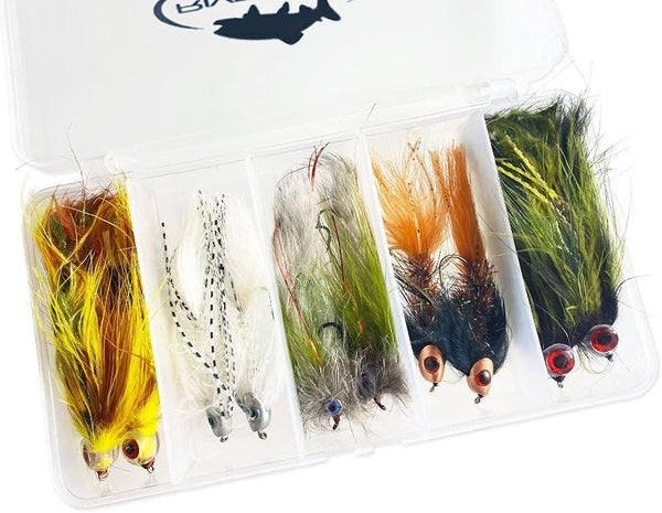 Pike Fly Fishing Flies Assortment Kit - 10 Piece with Fly Box, Cousin It, Mr Creepo, Skully Bugger