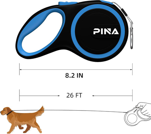 PINA Retractable Dog Leash, 26ft for Small Medium Large Dogs up to 110lbs, 360° Tangle-Free with Anti-Slip Handle