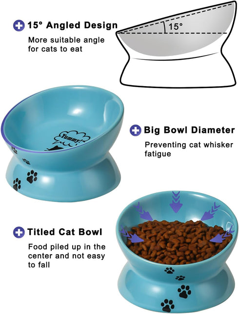 Y YHY Elevated Cat Food Bowl, Ceramic Raised Cat Bowl, Tilt Angle Protect Cat's Spine, Anti Vomiting Cat Dish, Backflow Prevention, Lake Blue
