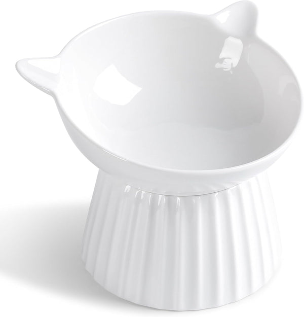Ceramic Raised Cat Bowl, Tilted Anti Vomit Feeder for Indoor Cats, Whisker Friendly, Microwave and Dishwasher Safe