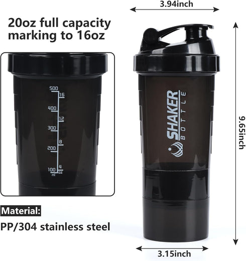 Protein Shaker Bottle - Leak Proof Sports Water Bottle for Protein Mixer, 16 oz Shake Cup with Storage (Black)