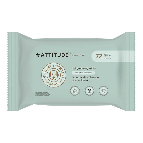 ATTITUDE Pet Grooming Wipes, Hypoallergenic Plant and Mineral-Based Ingredients, Vegan, Unscented, 72 Count