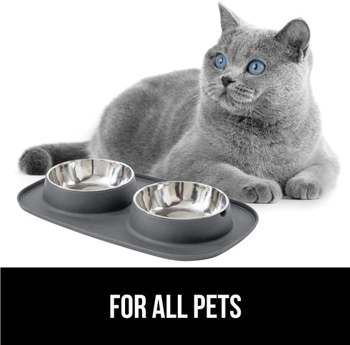 Gorilla Grip 100% Waterproof Cat and Dog Bowls, Silicone Feeding Mat Set, Stainless Steel Bowl, 1 Cup, Gray