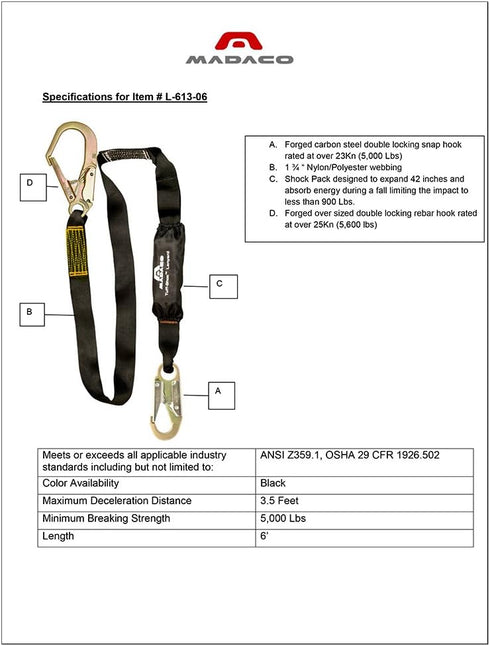 Madaco Heavy Duty Roof Construction Fall Protection Pack - 6FT Snap Rebar Hook Lanyard, ANSI OSHA L-613-06